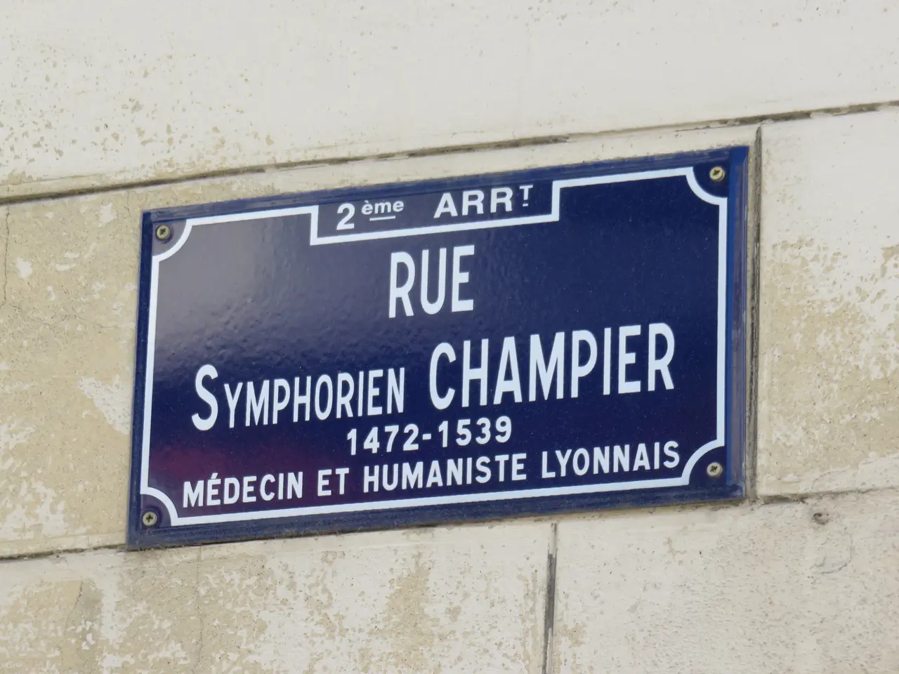 Lyon 2e - Rue Symphorien Champier - Plaque (mars 2019)