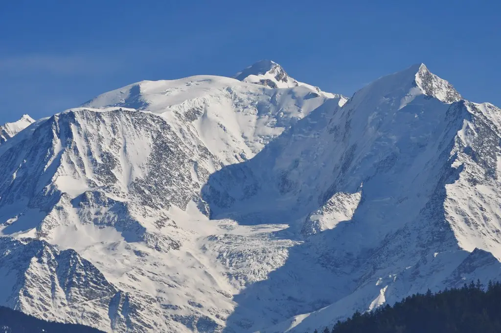 Dôme du Goûter, Mont Blanc, Aiguille du Bionassay vus depuis Combloux, Haute-Savoie, Rhône-Alpes, France.