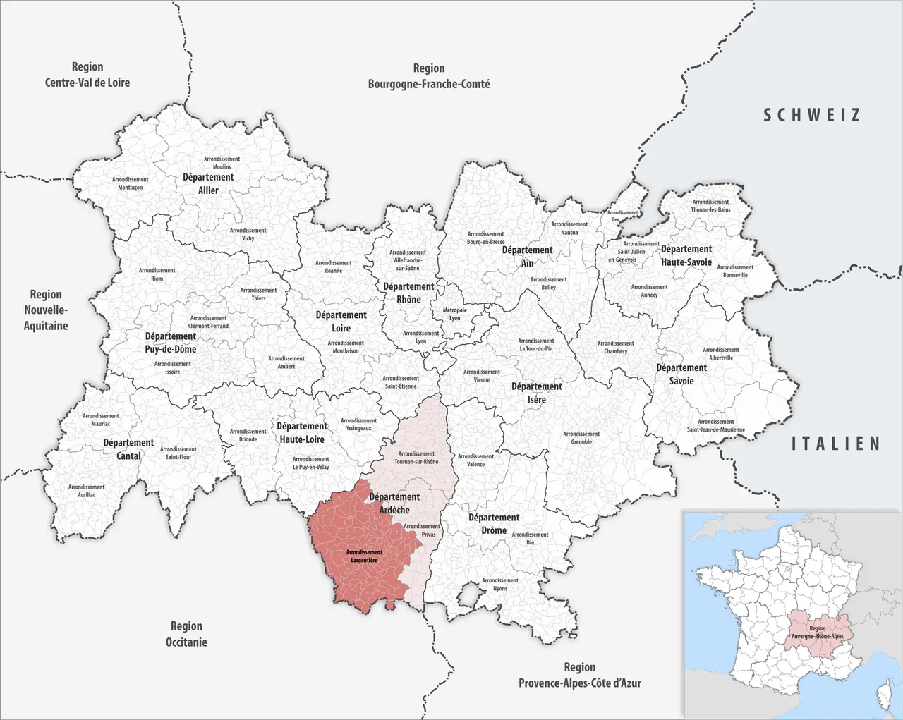 Locator map of Arrondissement Largentière 2019