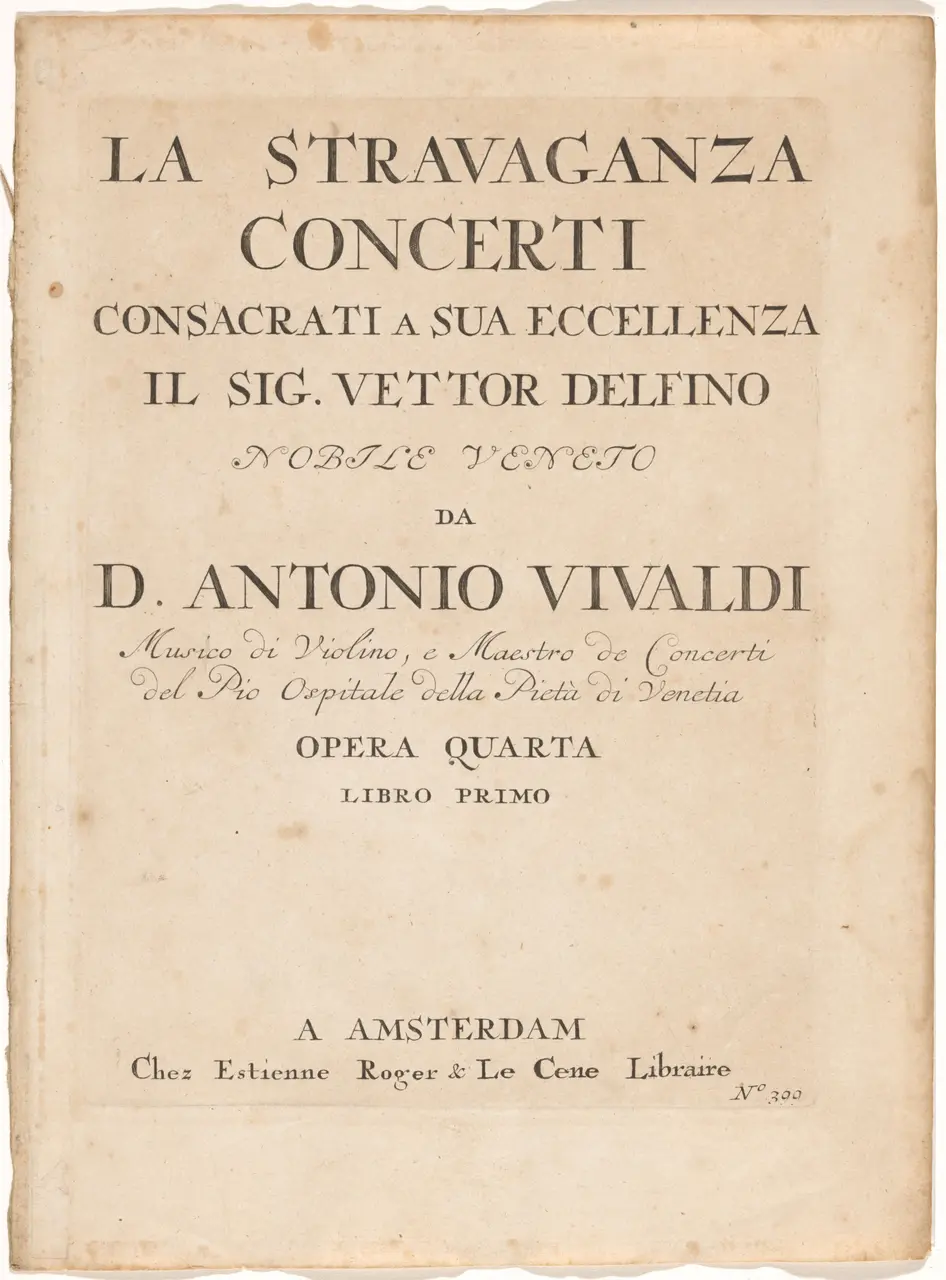 Titelpagina van 'La Stravaganza' La Stravaganza, concerti consacrati a sua eccellenza il sig. Vettor Delfino da D. Antonio Vivaldi opera quarta, libro primo (titel op object), RP-P-2016-1496-2
