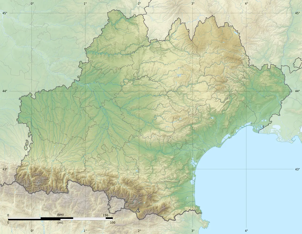 Languedoc-Roussillon-Midi-Pyrénées region relief location map