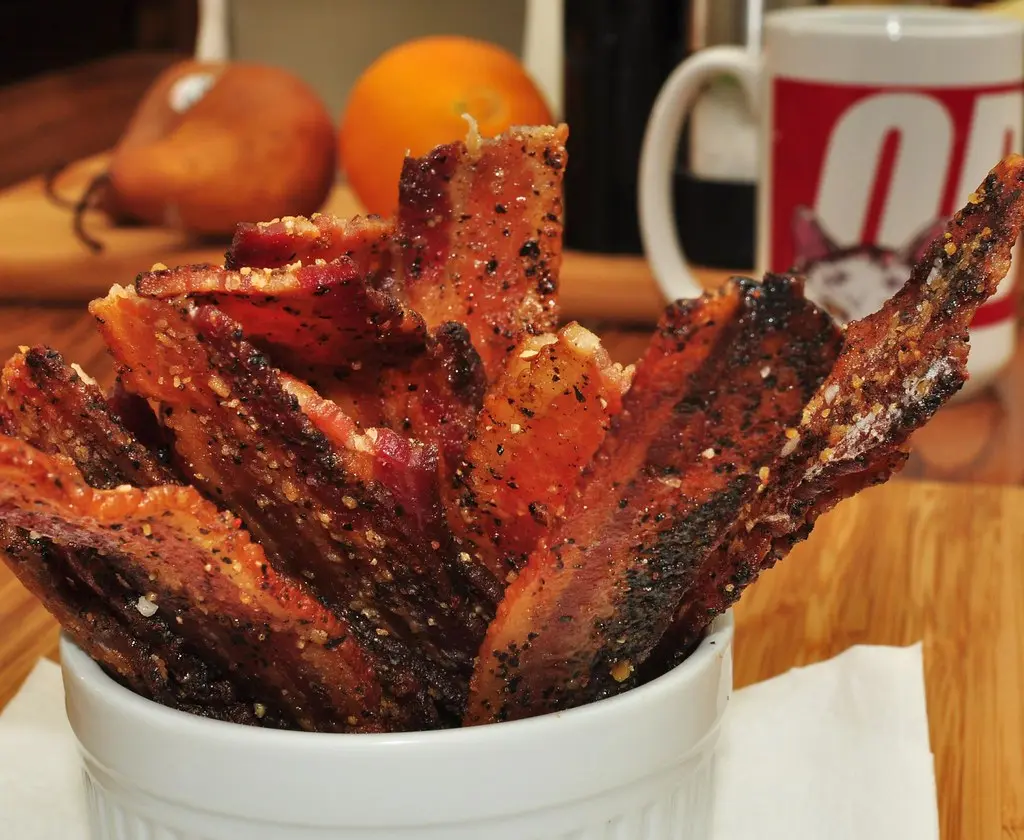 Mmm... pepper bacon candied with maple syrup and maple sugar, dusted with cayenne