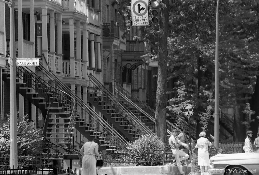 Escaliers extérieurs rue De Lorimier, coin Marie-Anne. - 27 juin 1967. Photo par M. Allaire. VM94-A0454-004. Archives de la Ville de Montréal.