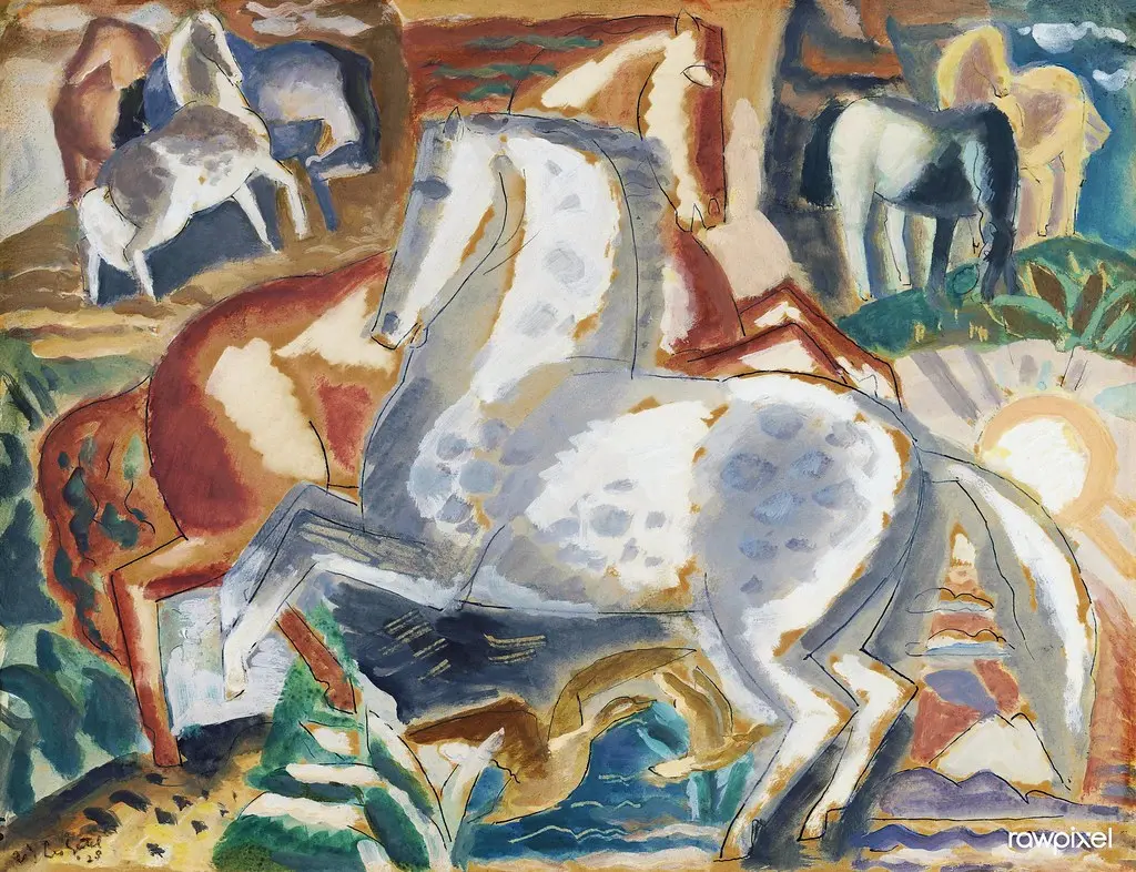 Horses in landscape (1928) painting in high resolution by Leo Gestel. Original from The Rijksmuseum. Digitally enhanced by rawpixel.