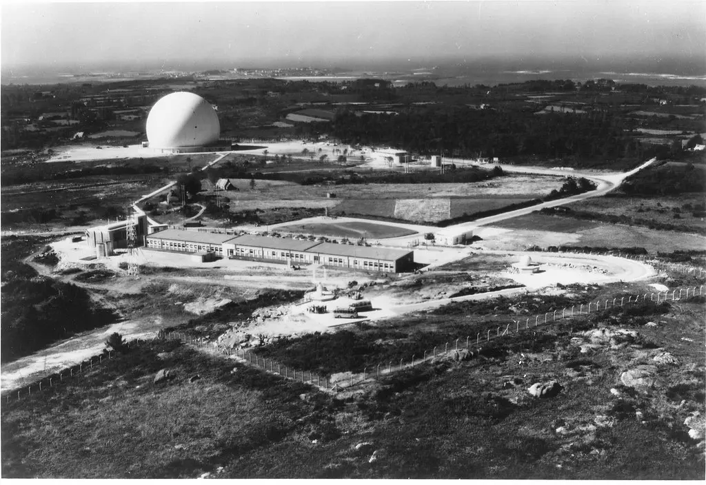 Aerial view of French Ground Station, Pleumeur Bodou in Brittany, France. Built for Telstar experiment.