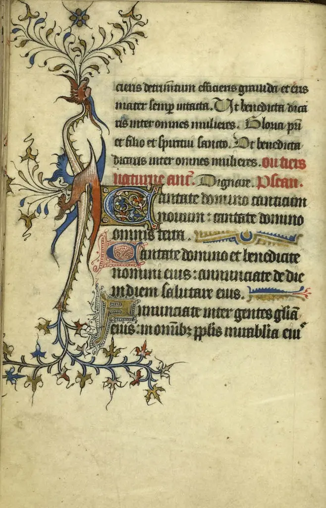 Livre d'heures de Béatrice de Rieux - Page de texte avec dans la marge un dragon