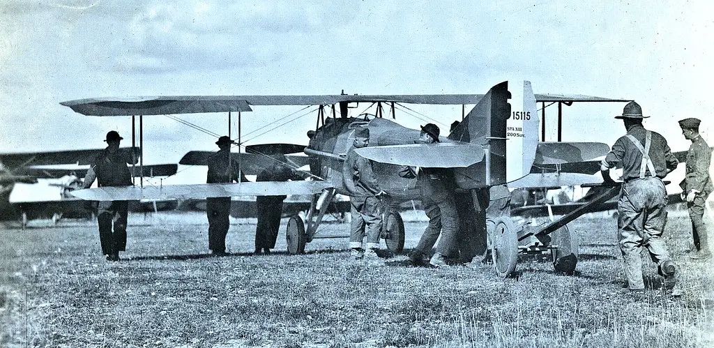 Moving a SPAD XIII into position at 1st Air Depot, Colombey-les-Belles, France NARA111-SC-17756
