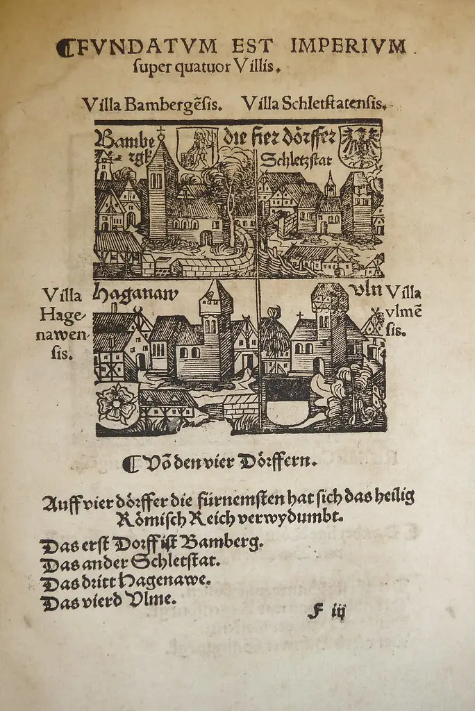 Illustration of four towns of the Holy Roman Empire (clockwise from top left: Bamberg, Sélestat, Ulm, Haguenau) with their insignia, used by Peter Jordan of Mainz