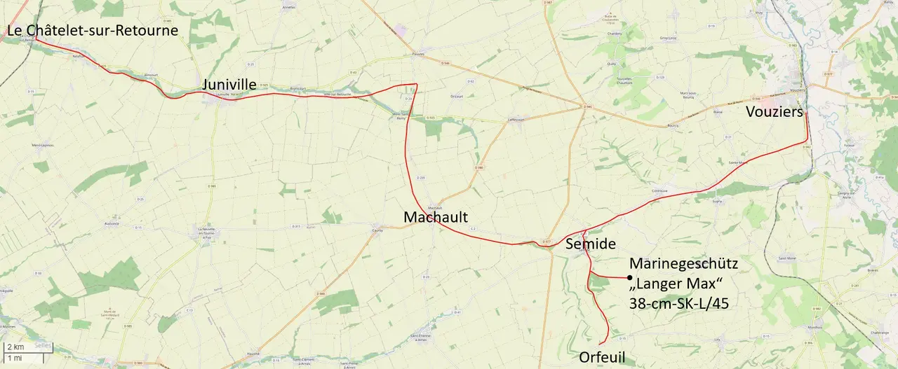 Trasse der ehemaligen Bahnstrecke Vouziers–Juniville–Le Châtelet-sur-Retourne auf OpenStreetMap
