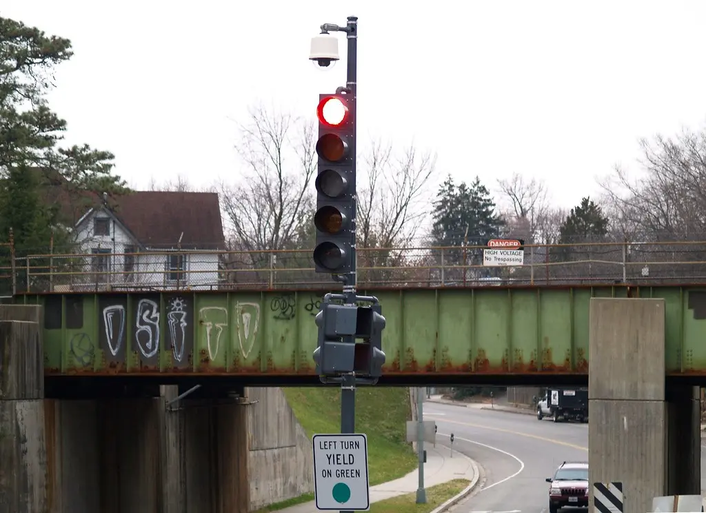 Streetlight Beige Surveillance Camera & Metro Bridge Graffiti At Piney Branch Road & Eastern Avenue (Takoma Park - DC Border)