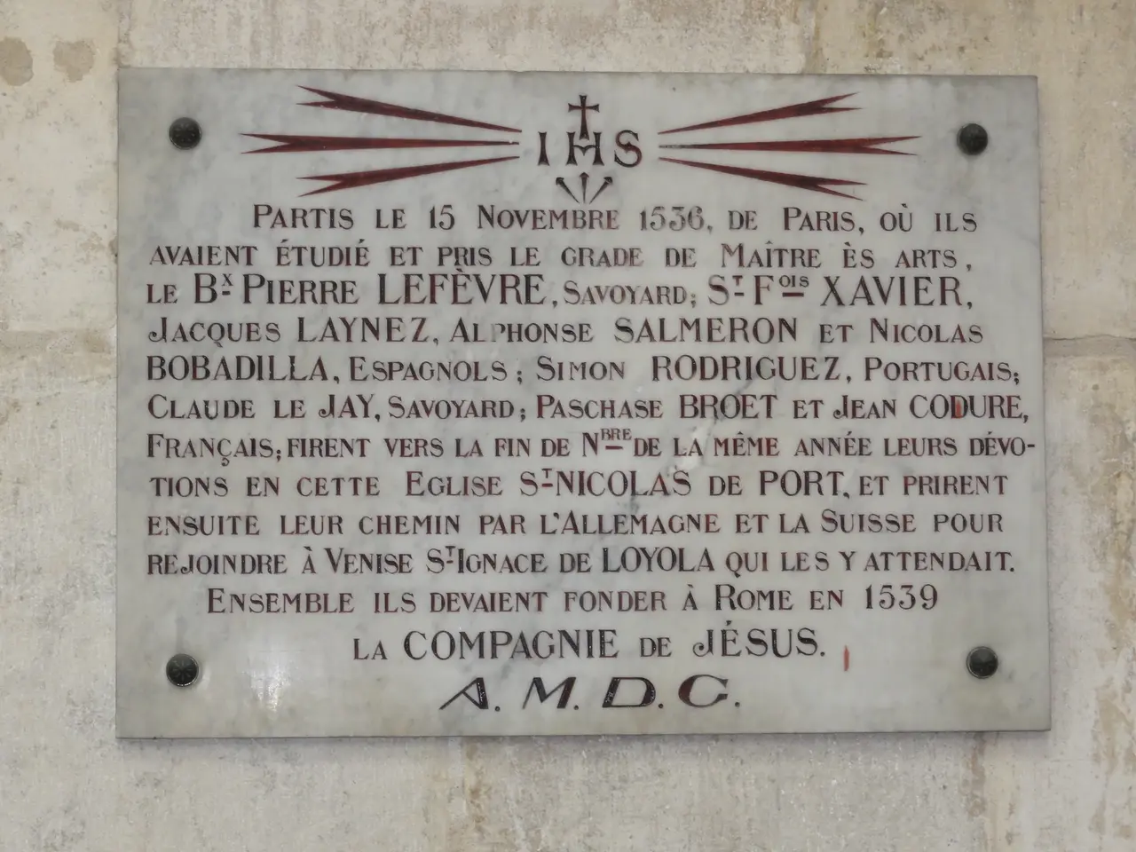 Église Saint-Nicolas-de-Port, plaquette passage 9 premiers futurs jésuites