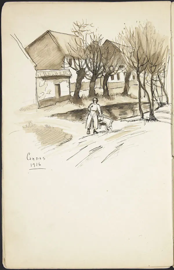 A person pushing a cart down the road in the village of Candas, France [Sketchbook 3, folio 21v] / Personne poussant une charette dans le village de Candas, France [Carnet de croquis 3, folio 21v]