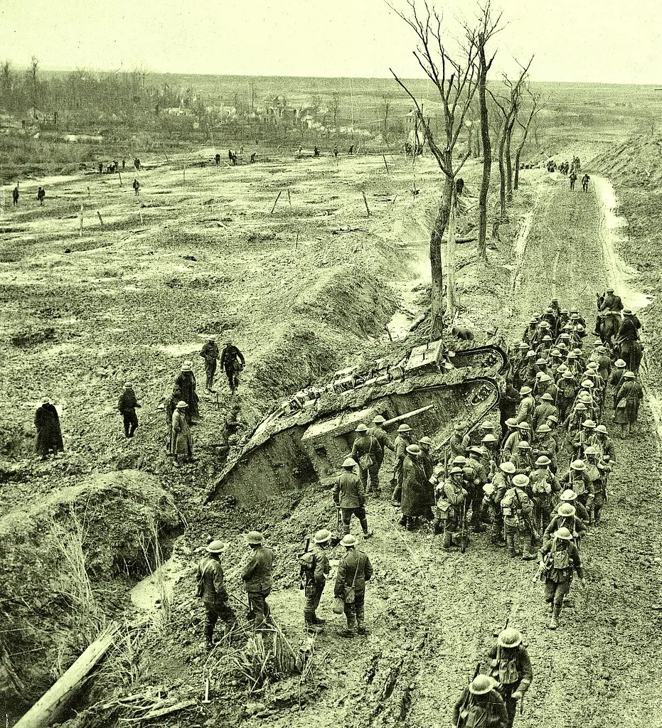 British troops on Fampoux Road - Arras -Cambrai Area undeated NARA165-BO-0809
