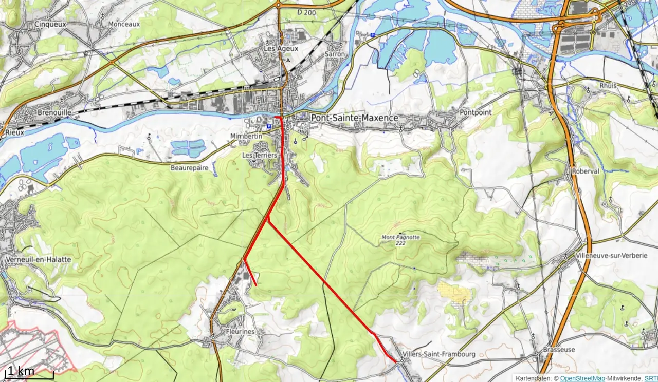 La voie ferrée de Fleurines et Villers St Frambourg à Pont St Maxence (OpenTopoMap)