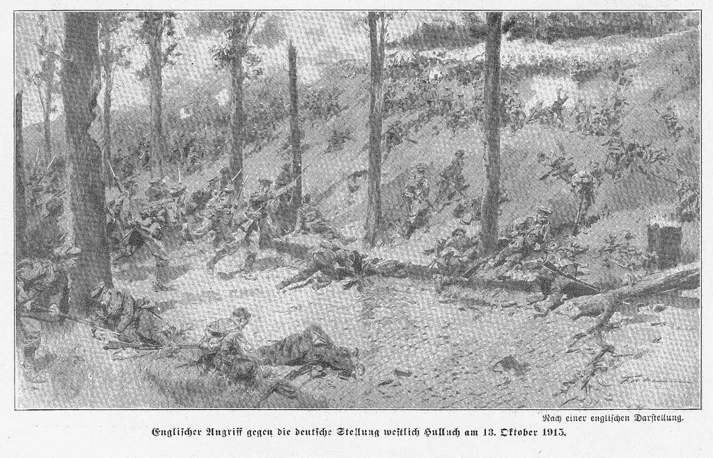 English attack on a German position near Hulluch France 13 October 1915