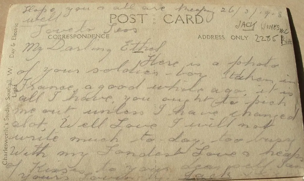 Four Australian soldiers in Vignacourt, France - Christmas Eve 1916 - reverse