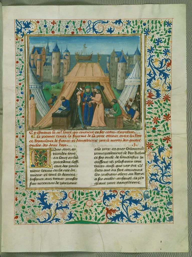 Jean de Wavrin, Les Chroniques d'Angleterre (Vol. 4), French and English representatives meet at Leulighem: The 'Peace of Duke Philip', Walters Manuscript W.201, fol. 147r