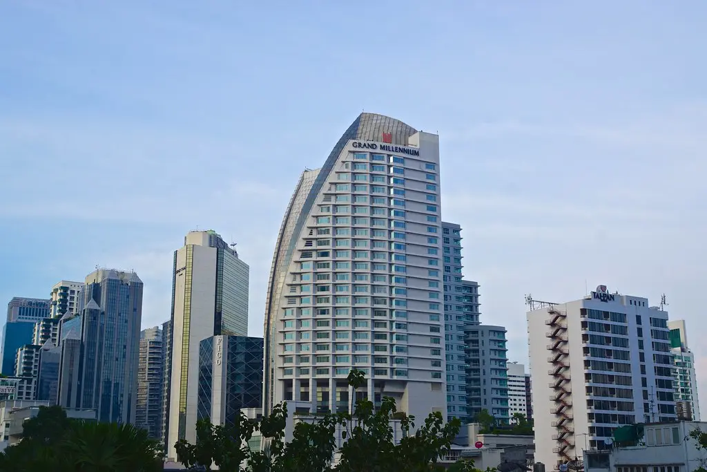 Asok Montri skyline seen from Terminal 21 shopping center on Sukhumvit road in Bangkok, Thailand