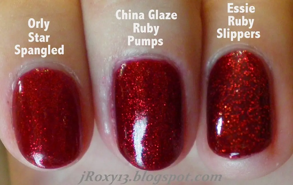 Ruby Red Glitter Comparison (Orly Star Spangled vs. China Glaze Ruby Pumps vs. Essie Ruby Slippers)