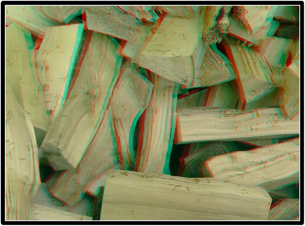 3d red-blue anaglyph woodpile, Arques-la-Bataille, Seine-Maritime, Normandie, France