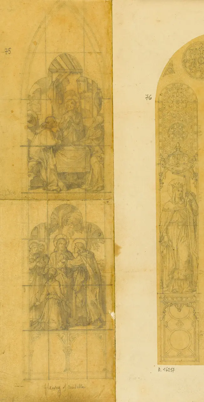 Projet de vitrail pour Fleury-sur-Andelle la Cène (registre supérieur) et le Christ et saint Thomas (registre inférieu, D.16256