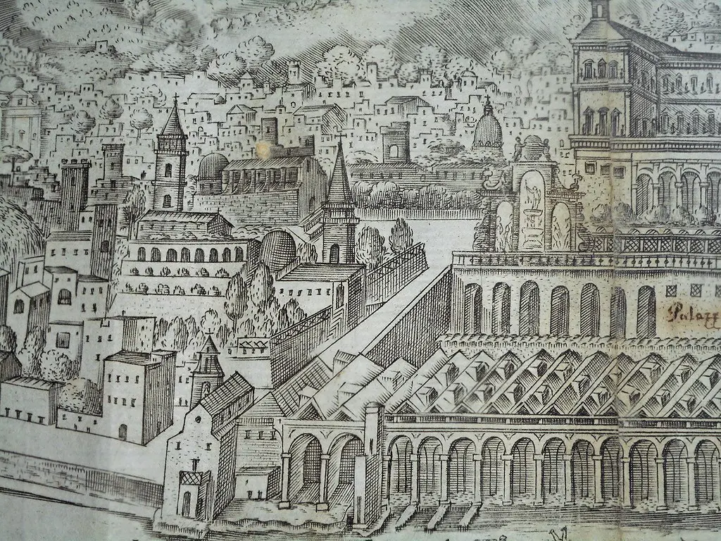 'Largo di Palazzo e Calata del Gigante in Naples' - Detail of 'La fedelissima Città di Napoli', etching by Alessandro Baratta and Nicolas Perrey (Naples 1680) - Naples, National Library