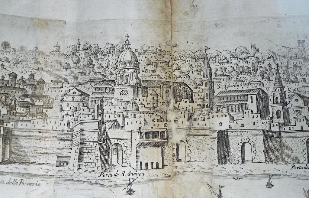 'Cathedral with Treasure Chapel and Churchs of Sant'Agostino alla Zecca and Sant'Eligio in Naples' - Detail of 'La fedelissima Città di Napoli', etching by Alessandro Baratta and Nicolas Perrey (Naples 1680) - Naples, National Library