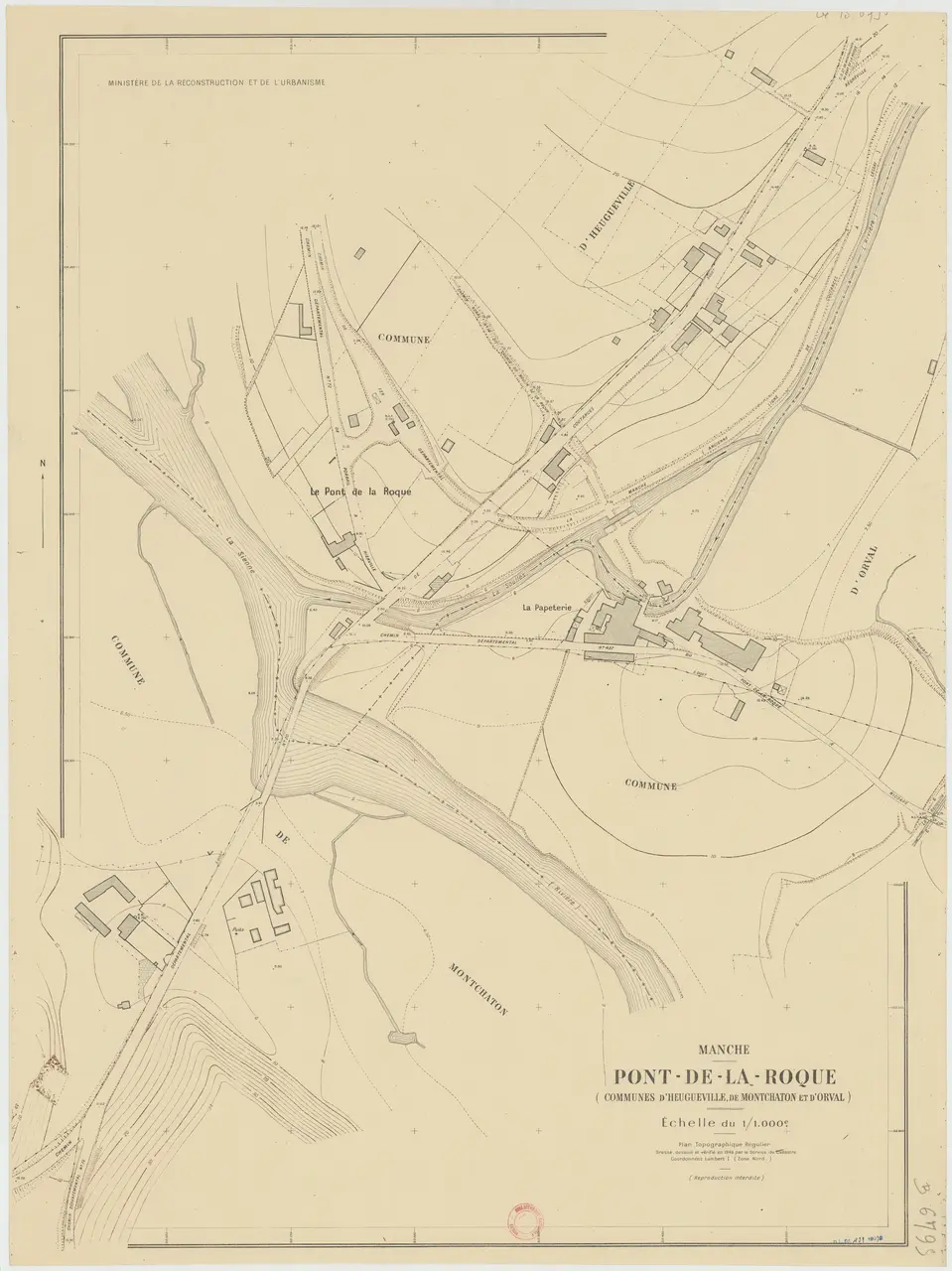 <div class='fn'> Manche. Pont-de-la-Roque (Communes d'Hengueville, de Montchaton et d'Orval). 1 : 1.000. Plan topographique régulier / dressé... par le Service du Cadastre</div>