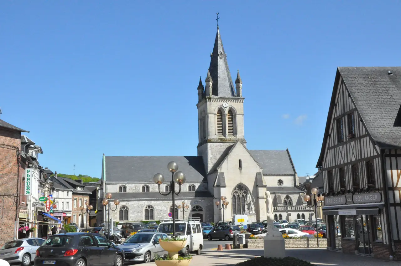 Square and church of Pavilly (France, 2012)