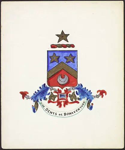 Unofficial coat of arms with motto: SIMM DENYS DE BONAVENTURE / Armoiries non officielles portant la devise : SIMM DENYS DE BONAVENTURE