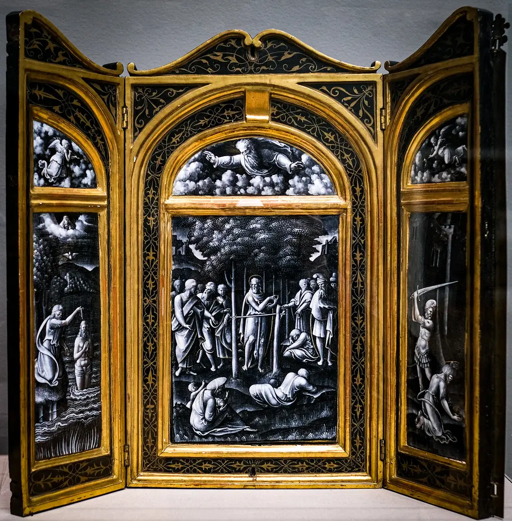 Triptych with scenes from the life of Saint John the Baptist, France, Limoges, ca. 1580, attributed to Martin Didier Pape, Enamel on copper with wooden frame, 11/24/21 #legionofhonor #artmuseum