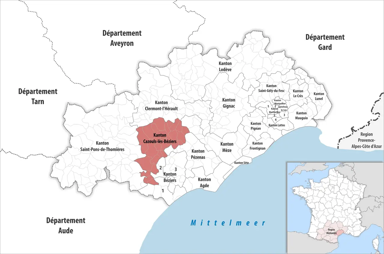 Locator map of Kanton Cazouls-lès-Béziers 2019