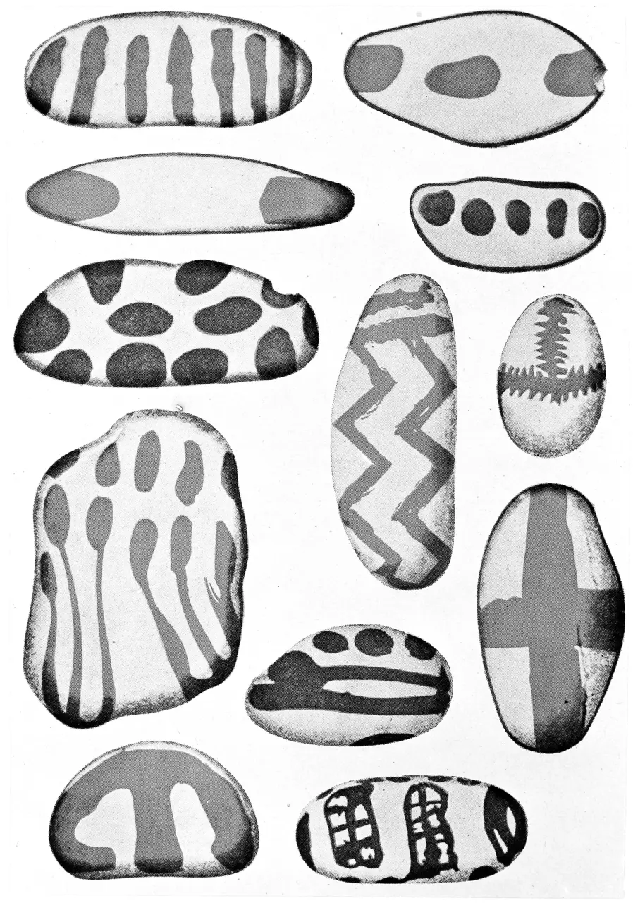 <div class='fn'> Azilian painted pebbles from the cave of Le Mas d'Azil.</div>