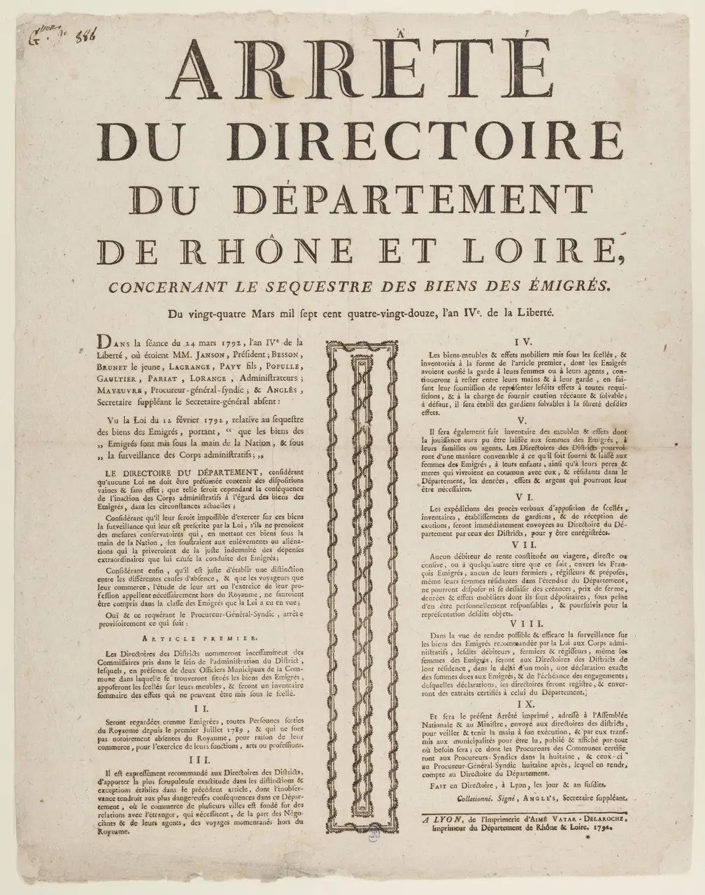 ARRÊTE DU DIRECTOIRE DU DEPARTEMENT DE RHÔNE ET LOIRE CONCERNANT LE SEQUESTRE DES BIENS DES EMIGRES. Du vingt-quatr, AFF2981