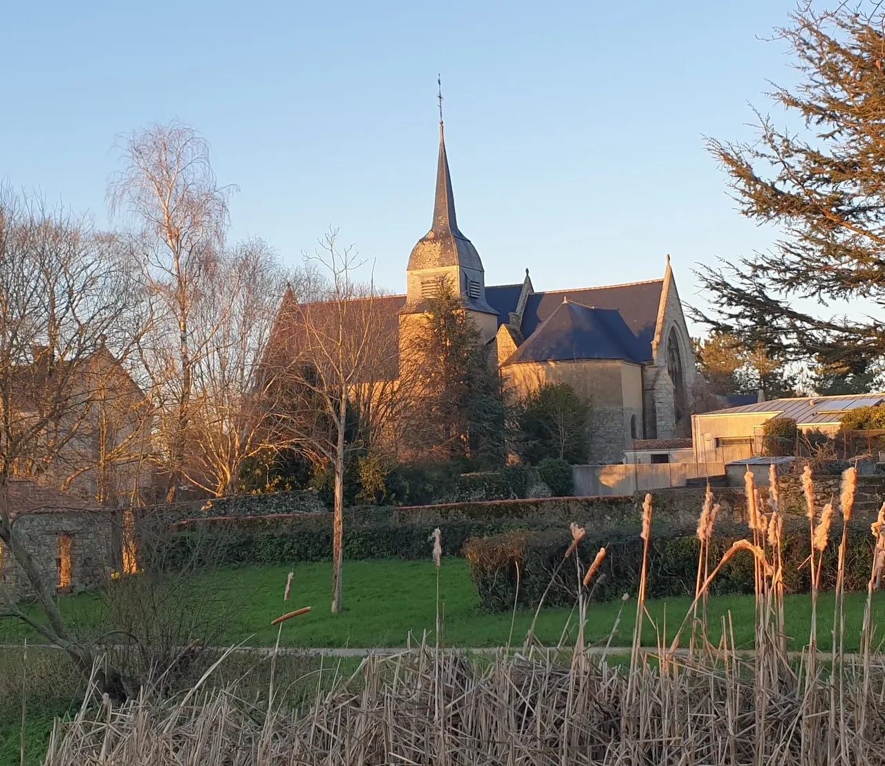 Eglise de Beaufou vue du parc de la Prée