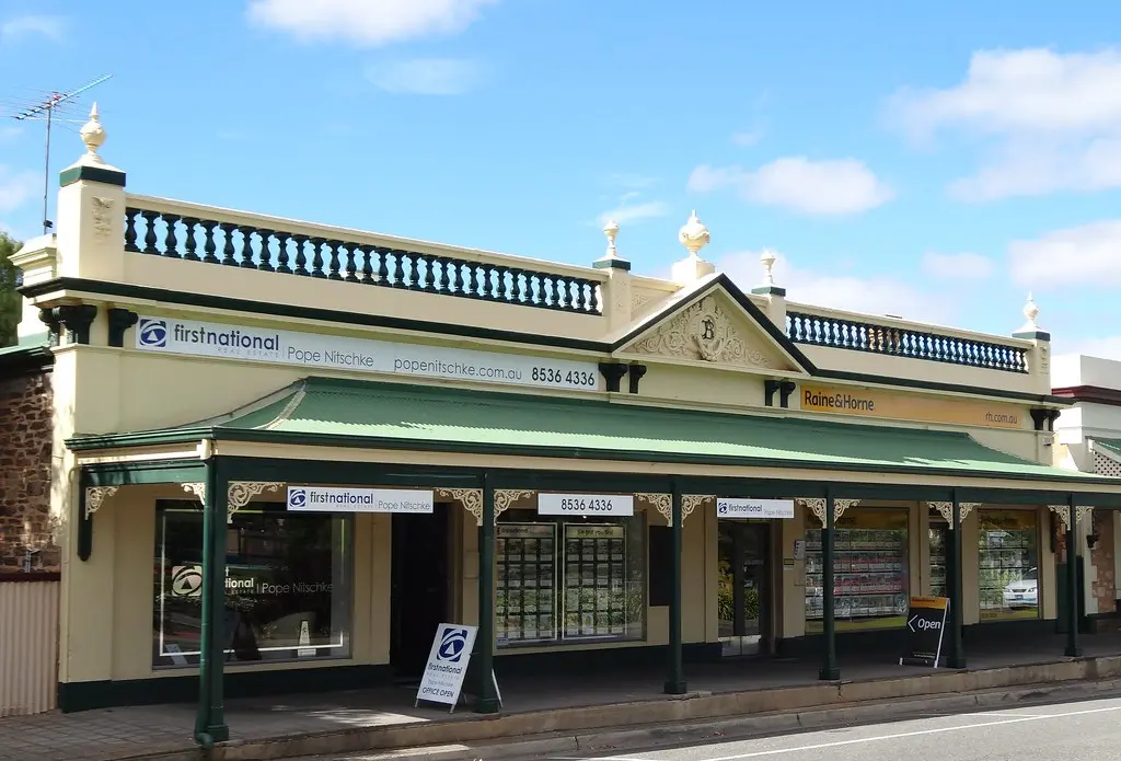 Albyn Street Strathalbyn. Commerical premises with triangular pediment across roof line balustrade. Probably built in 1870s.