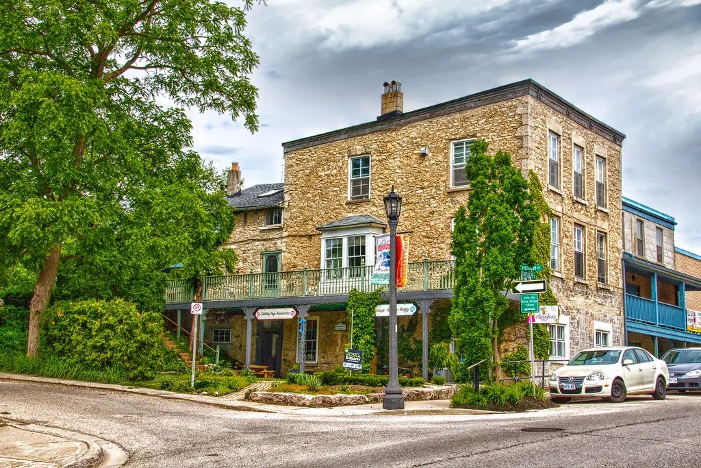Elora Ontaro - Canada - Former Hotel - Now Apartments & Commercial Stores - Sign shows way to Elora Gorge