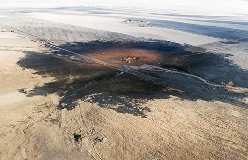 Aerial image showing the failure zone of the natural gas pipeline explosion at Cabri, Saskatchewan