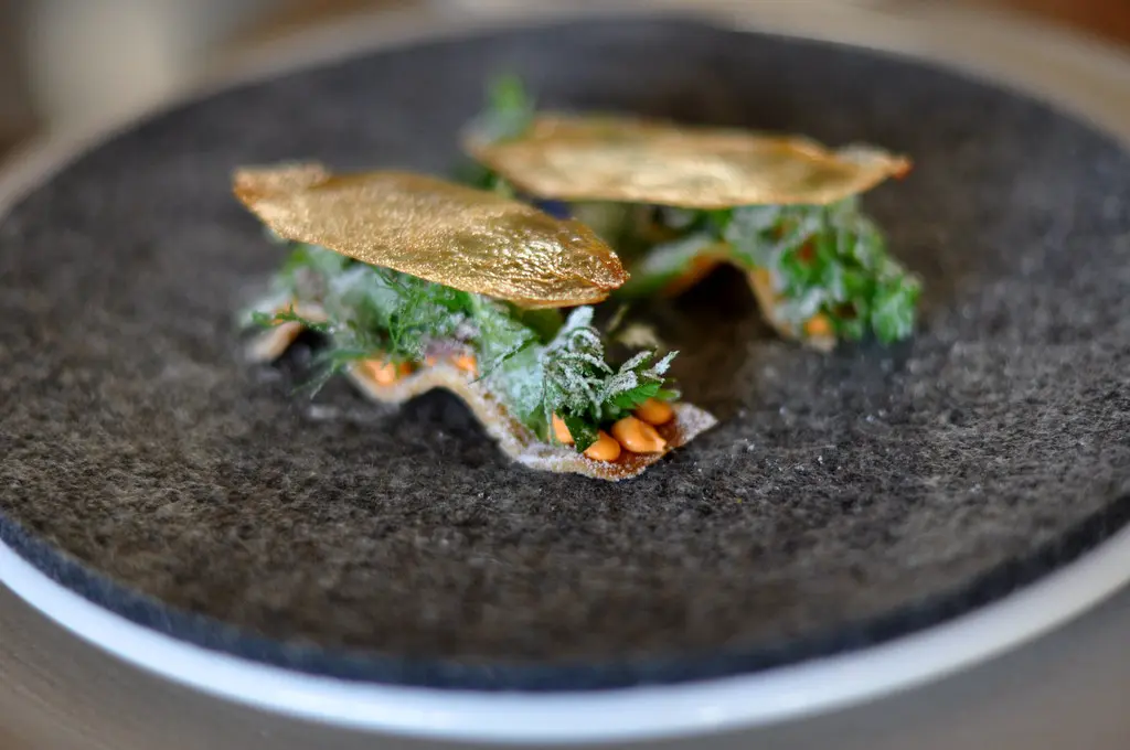 Restaurant Noma: Toast med emulsion af røget rogn fra kammuslinger, friske urter, eddikestøv og tørret andesky