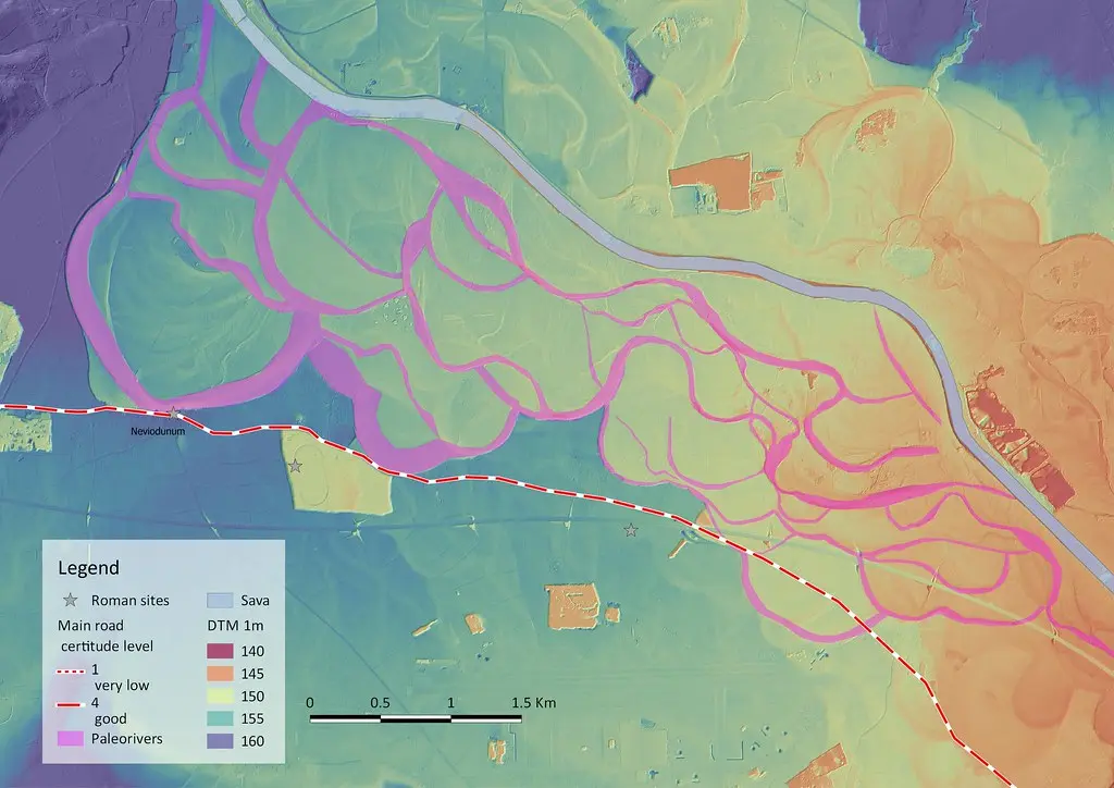 Changes of the Sava's riverbed and Roman main road at Neviodunum