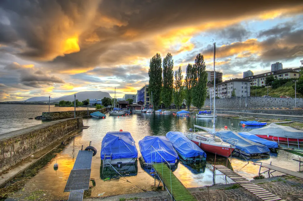 The port of Serrières at Sunset