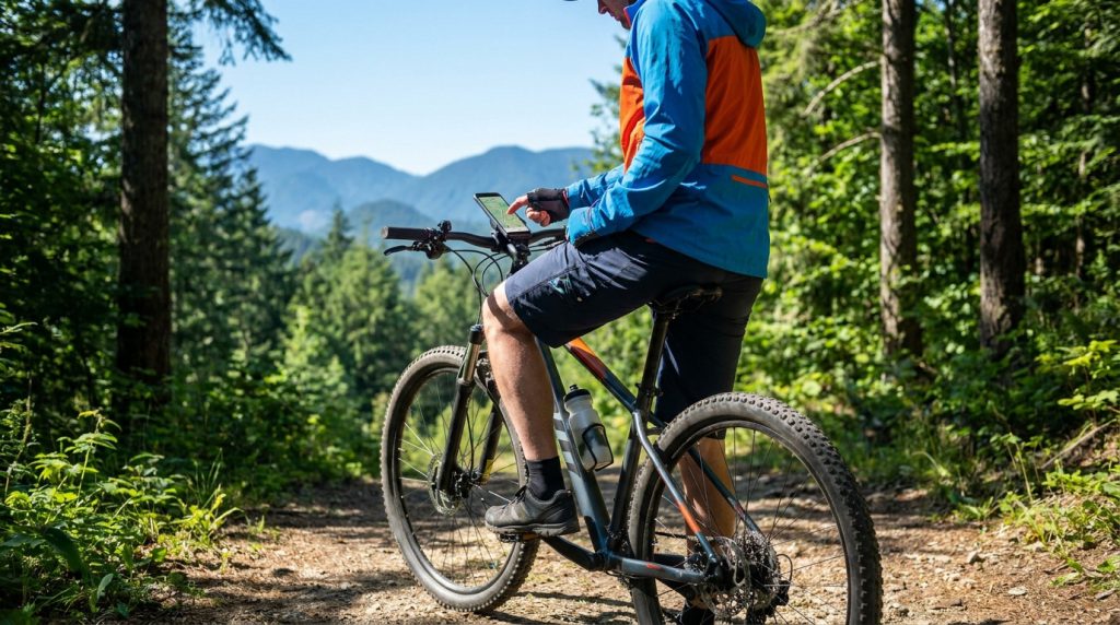Cycliste VTT en forêt consultant une application de navigation sur son smartphone monté au guidon. Montagnes en arrière-plan.
